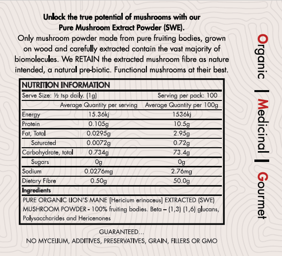 OMG Mushrooms LIONS MANE nutritional table 